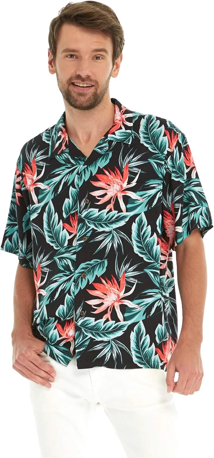 Matchable Couple Hawaiian Luau Shirt or Wrap Ruffle Dress in Blooming Lily Black