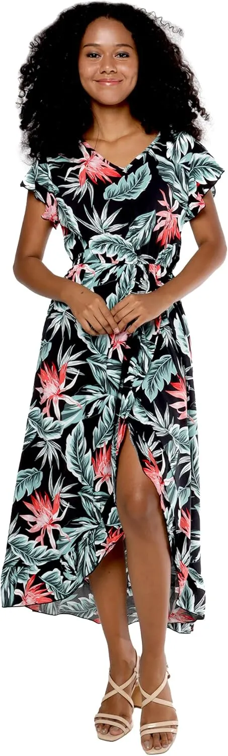 Matchable Couple Hawaiian Luau Shirt or Wrap Ruffle Dress in Blooming Lily Black