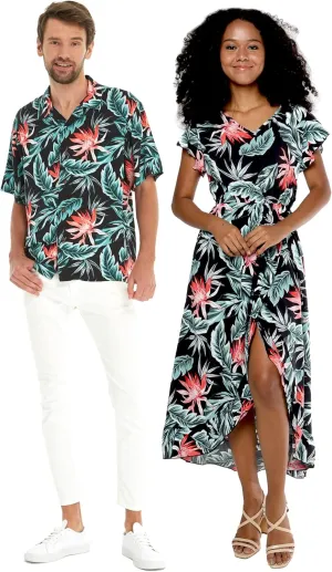 Matchable Couple Hawaiian Luau Shirt or Wrap Ruffle Dress in Blooming Lily Black
