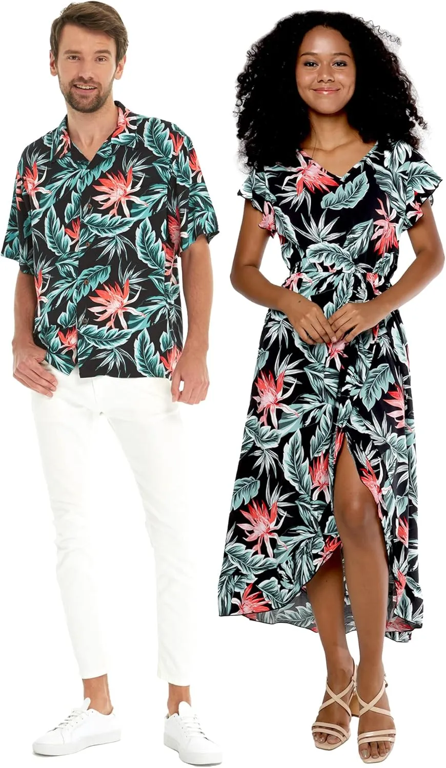 Matchable Couple Hawaiian Luau Shirt or Wrap Ruffle Dress in Blooming Lily Black