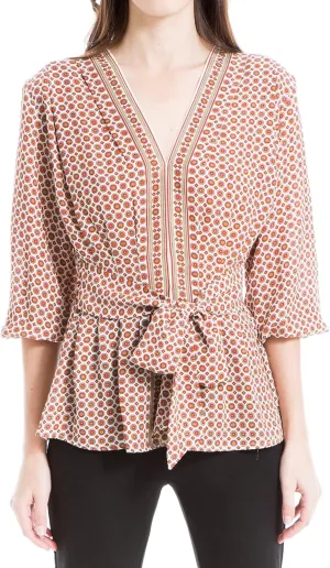 Max Studio Women's Crepe 3/4 Sleeve Smocked Back Blouse