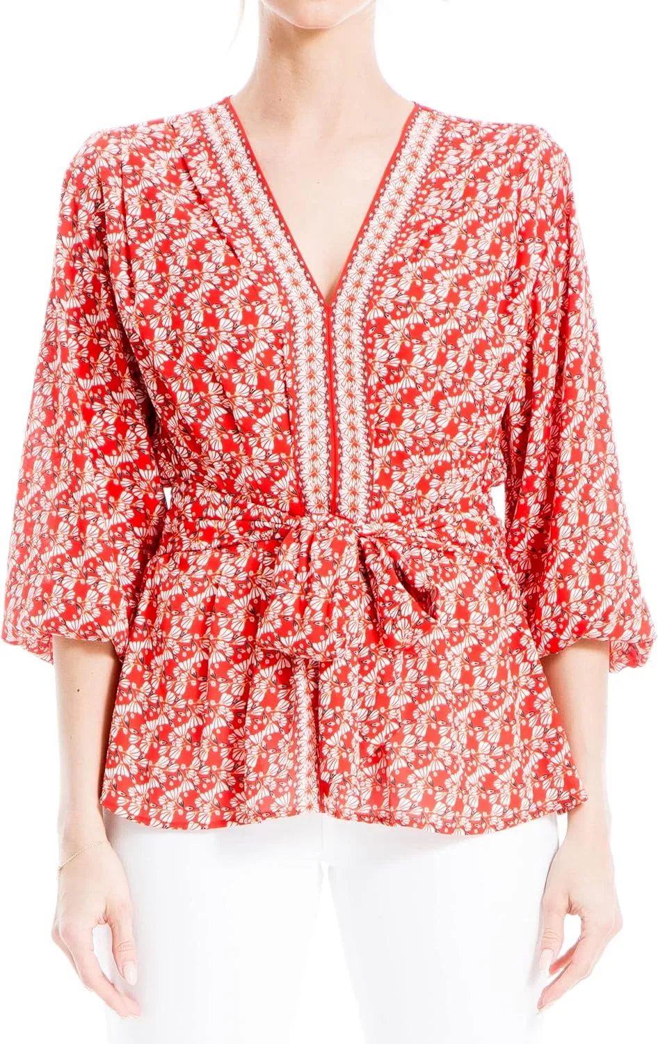 Max Studio Women's Crepe 3/4 Sleeve Smocked Back Blouse