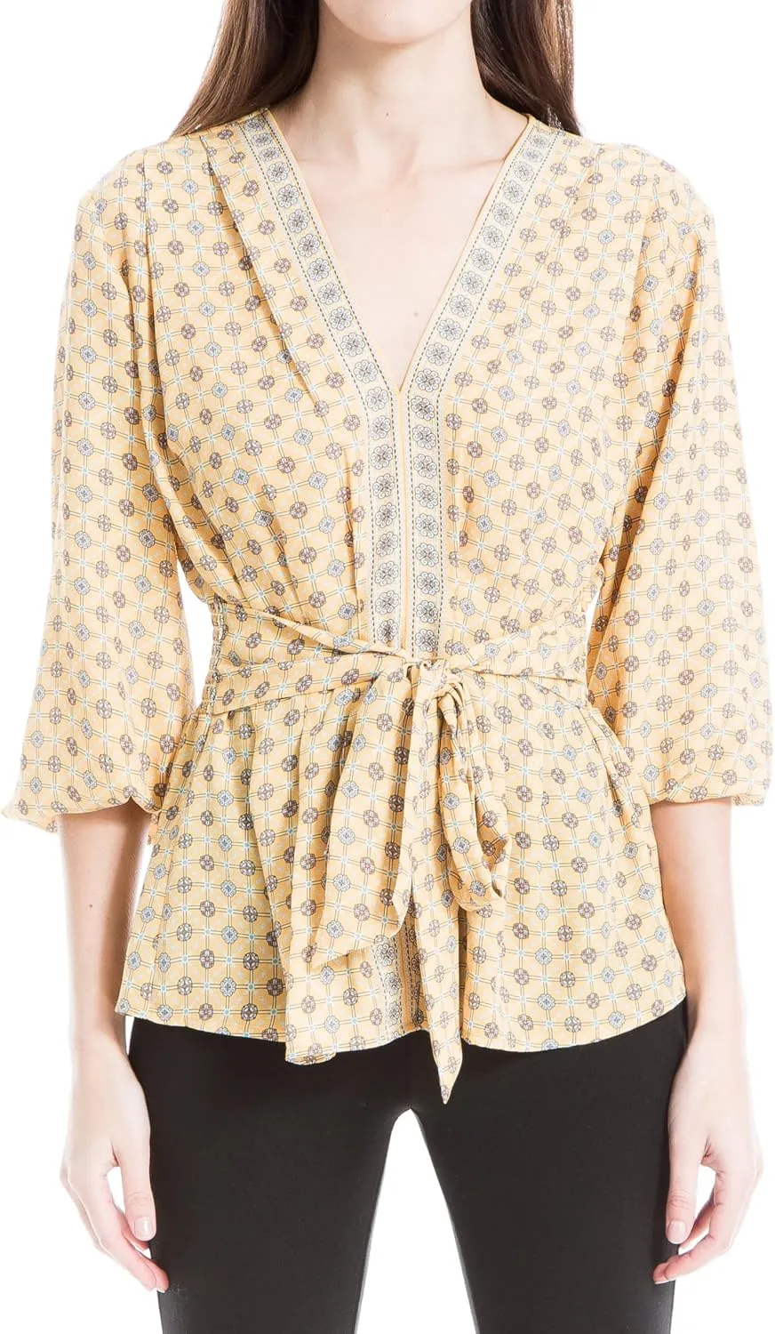 Max Studio Women's Crepe 3/4 Sleeve Smocked Back Blouse