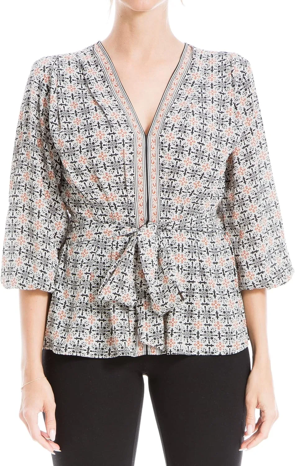Max Studio Women's Crepe 3/4 Sleeve Smocked Back Blouse