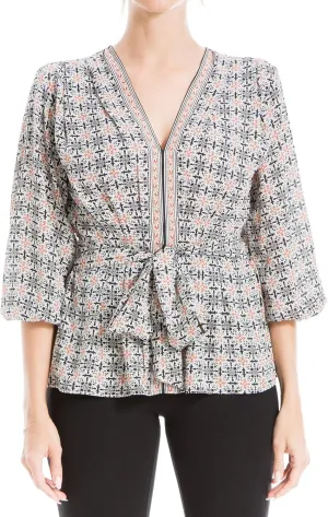 Max Studio Women's Crepe 3/4 Sleeve Smocked Back Blouse
