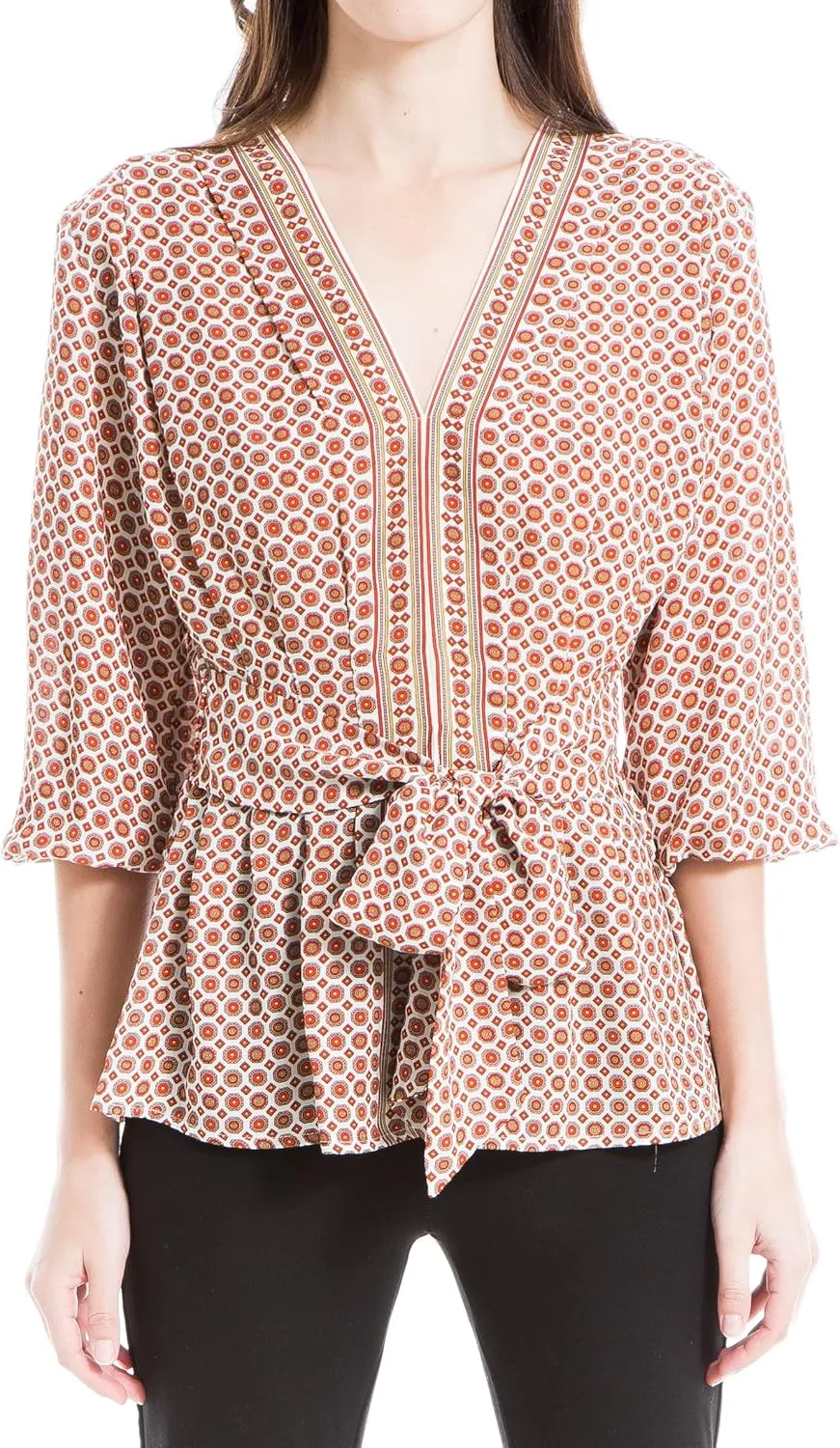 Max Studio Women's Crepe 3/4 Sleeve Smocked Back Blouse