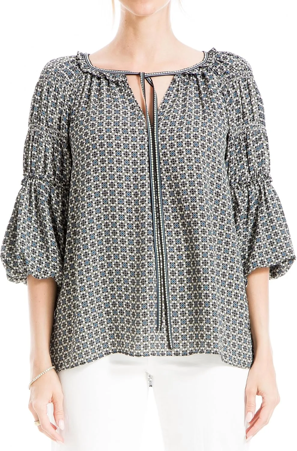 Max Studio Women's Crepe Blouse with Neck Tie Detail
