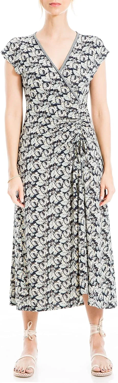 Max Studio Women's Short Sleeve Side Tie Ruched Midi Dress