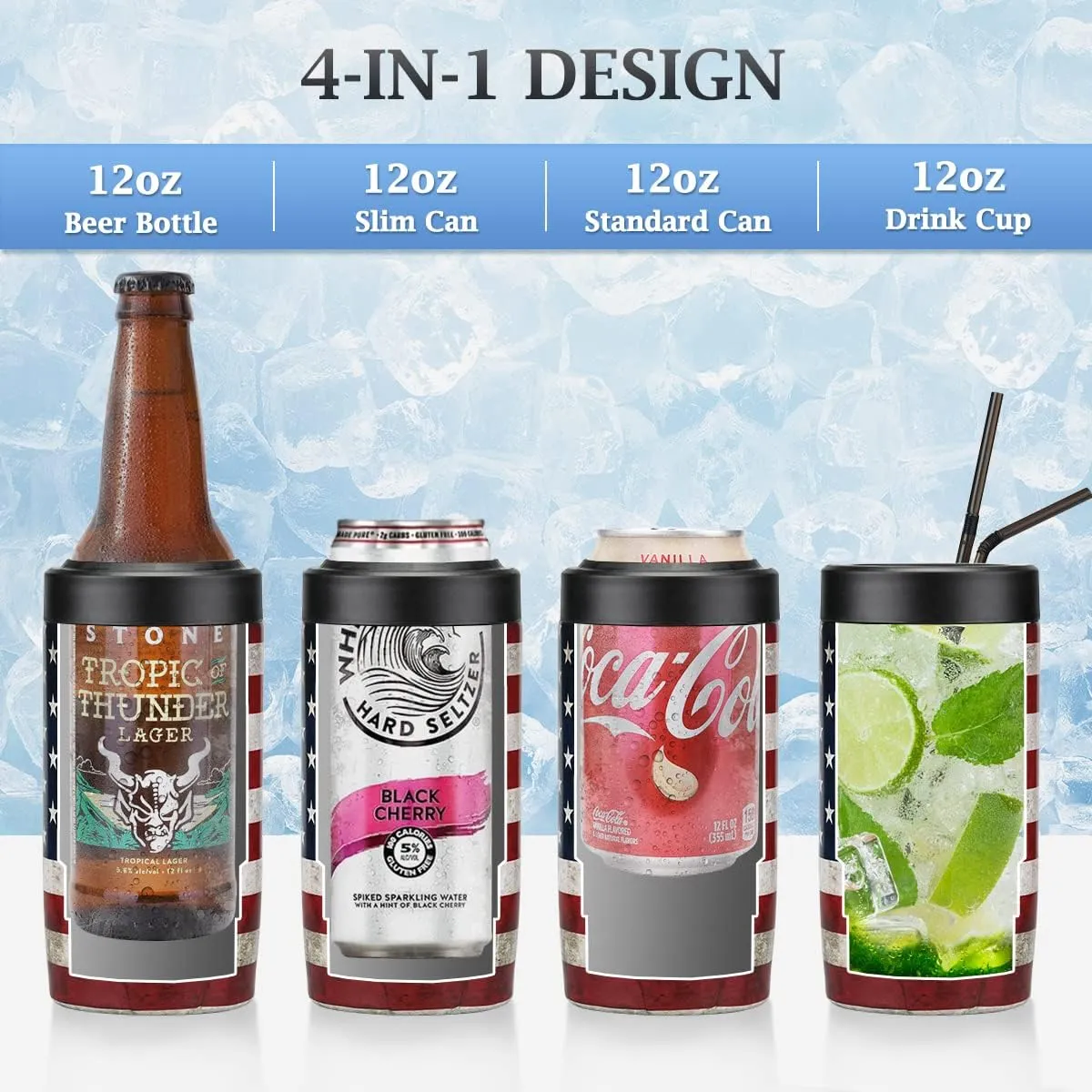 Maxso Slim Can Cooler, 4-in-1 Double Walled Stainless Steel Insulated Beer Can Holder, Works With All 12 Oz Cans,Bottles & As A Pint Cups - America Flag