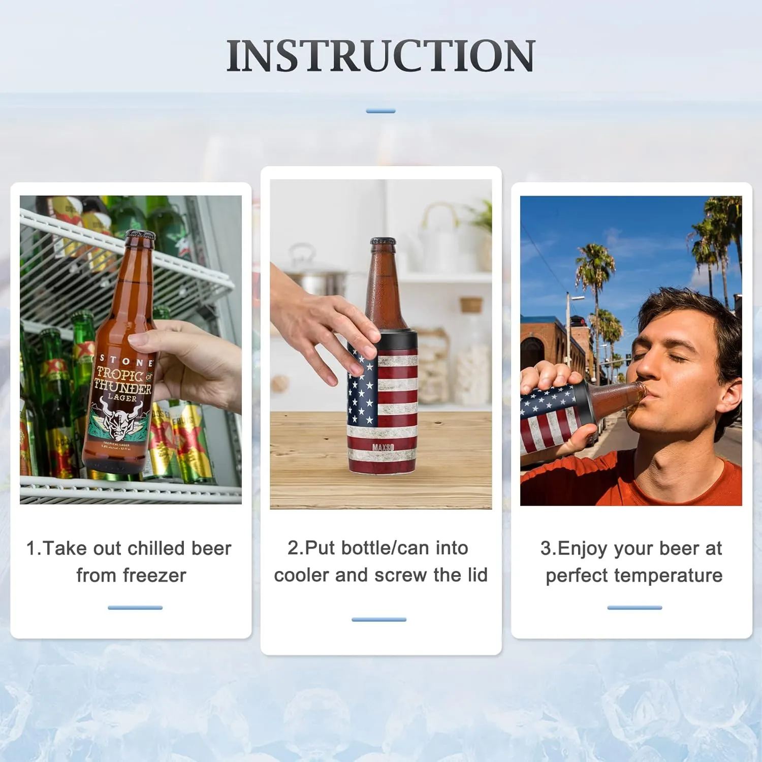 Maxso Slim Can Cooler, 4-in-1 Double Walled Stainless Steel Insulated Beer Can Holder, Works With All 12 Oz Cans,Bottles & As A Pint Cups - America Flag
