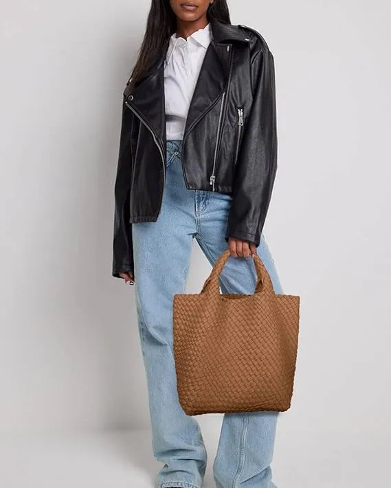 MECOLOR Womens Vegan Leather Woven Bag with Purse, Handmade Beach Tote Bag Top-handle Handbags