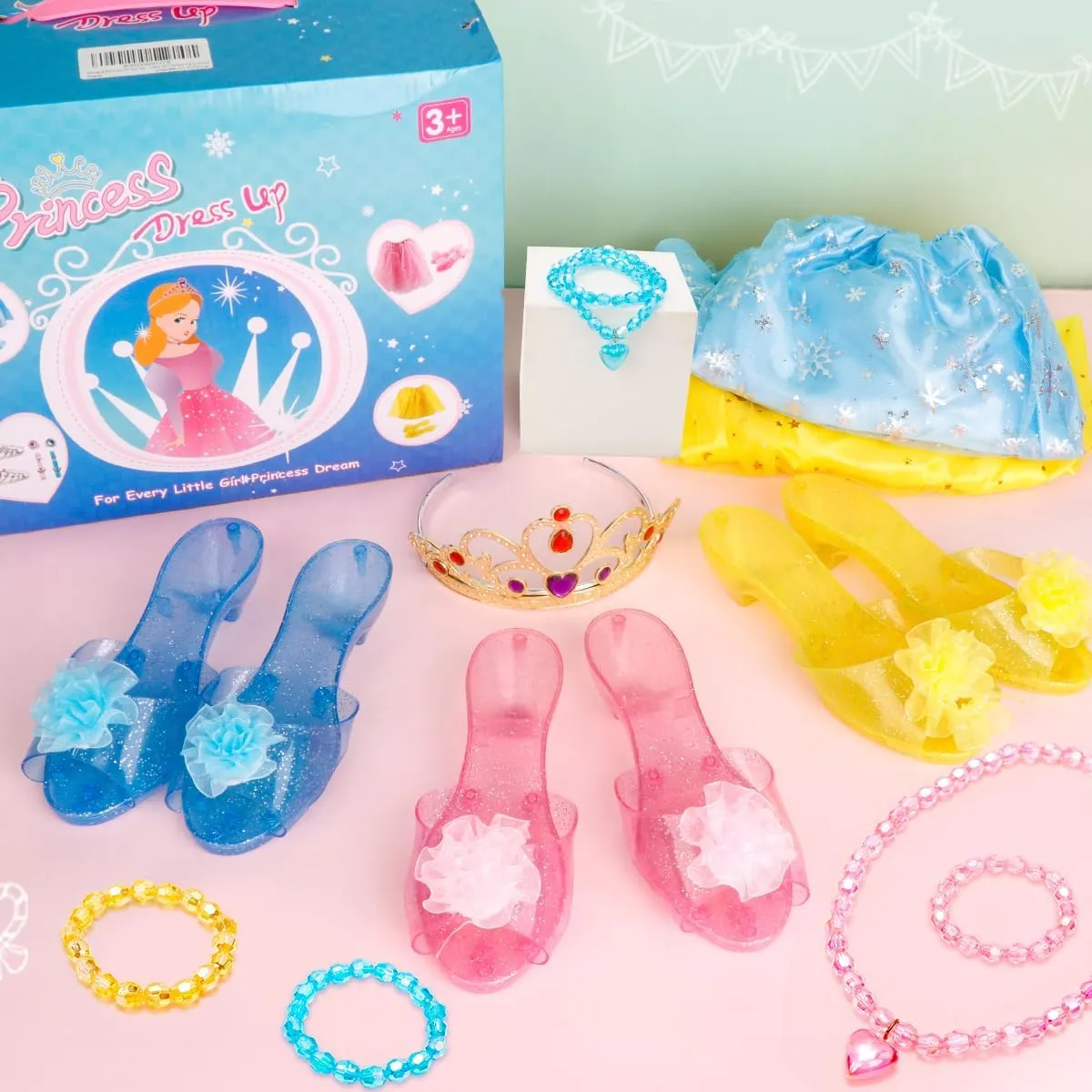 Meland Princess Dress Up Clothes for Toddlers with Skirts, Shoes, Crown & Play Jewelry, Princess Toys for Girls Age 3,4,5,6 Year Old, Little Girls Gift Idea for Birthday Christmas
