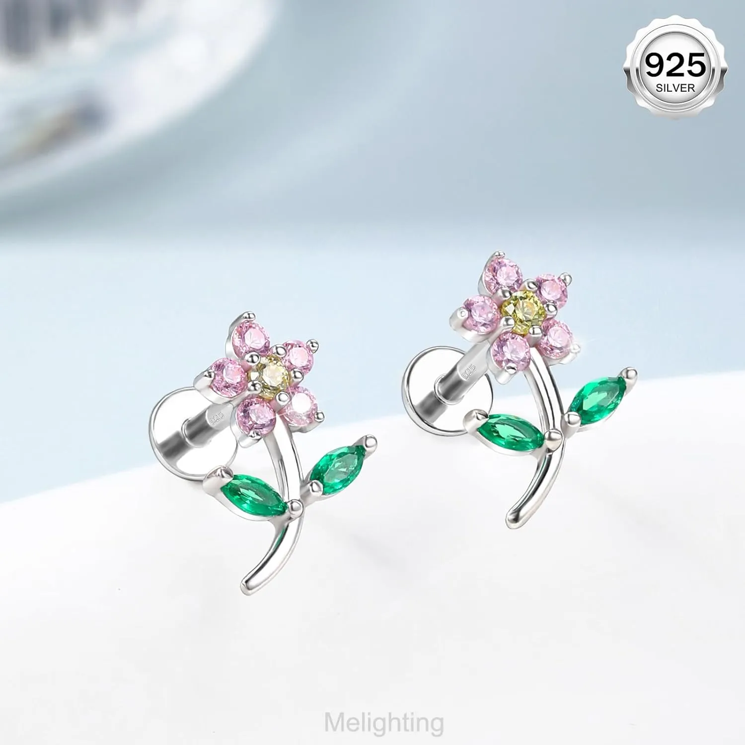 Melighting Sterling Sliver 925 Flower Cartilage Earring Internally Threaded 16G Helix Earring Tragus Piercing Jewelry 6/8 mm Conch Stud Flat Back Earring