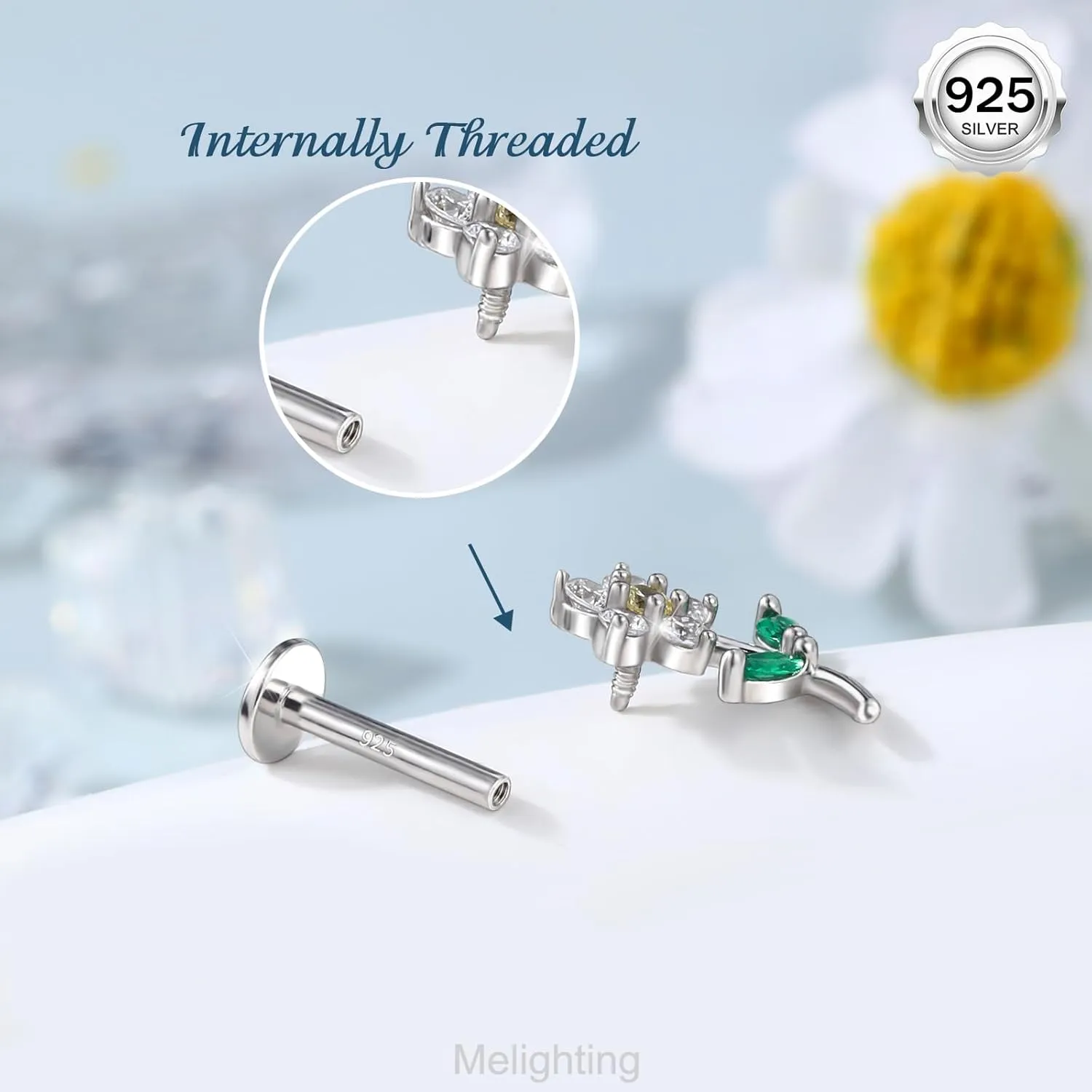 Melighting Sterling Sliver 925 Flower Cartilage Earring Internally Threaded 16G Helix Earring Tragus Piercing Jewelry 6/8 mm Conch Stud Flat Back Earring