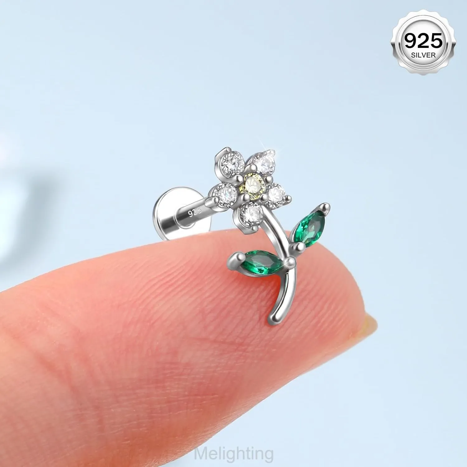 Melighting Sterling Sliver 925 Flower Cartilage Earring Internally Threaded 16G Helix Earring Tragus Piercing Jewelry 6/8 mm Conch Stud Flat Back Earring