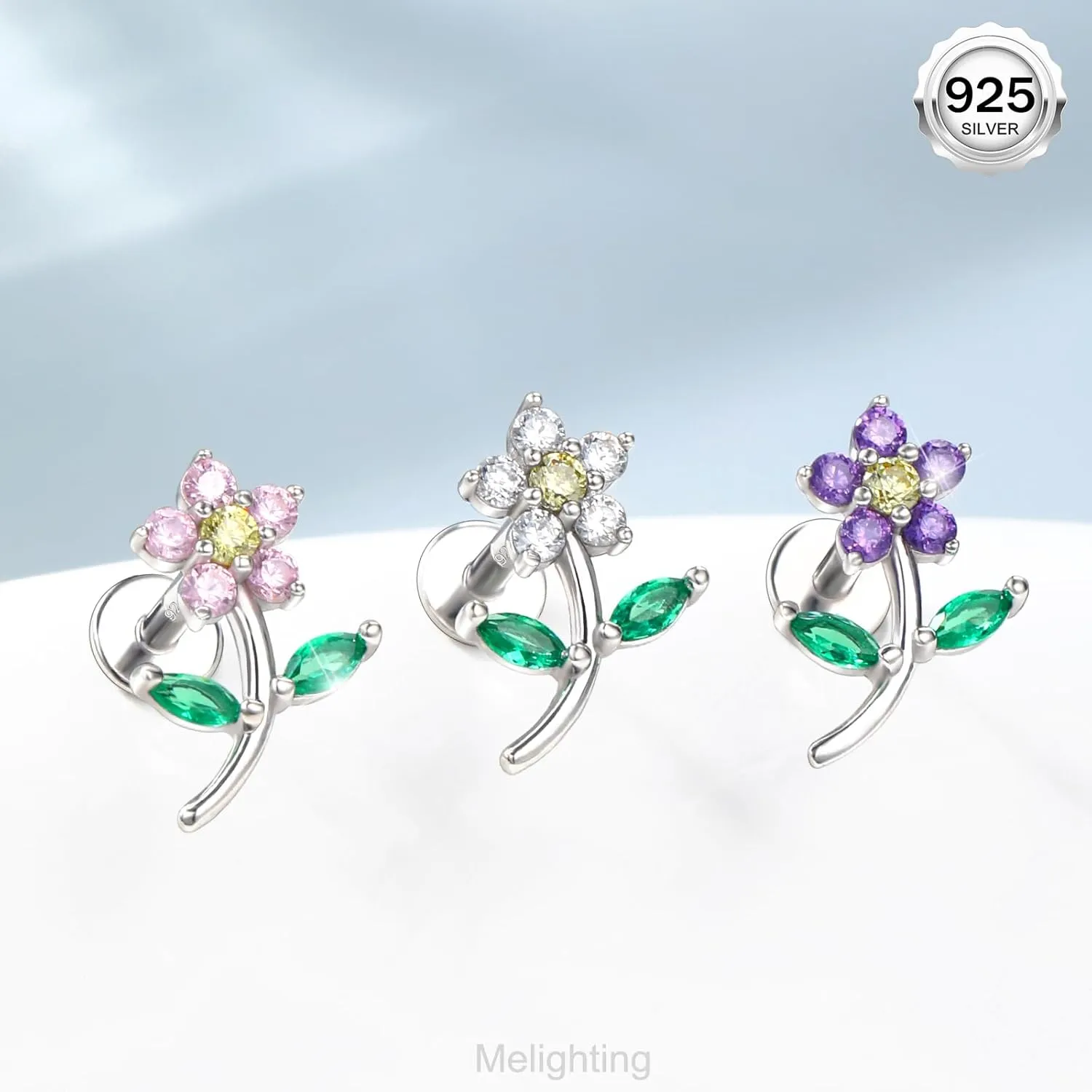 Melighting Sterling Sliver 925 Flower Cartilage Earring Internally Threaded 16G Helix Earring Tragus Piercing Jewelry 6/8 mm Conch Stud Flat Back Earring