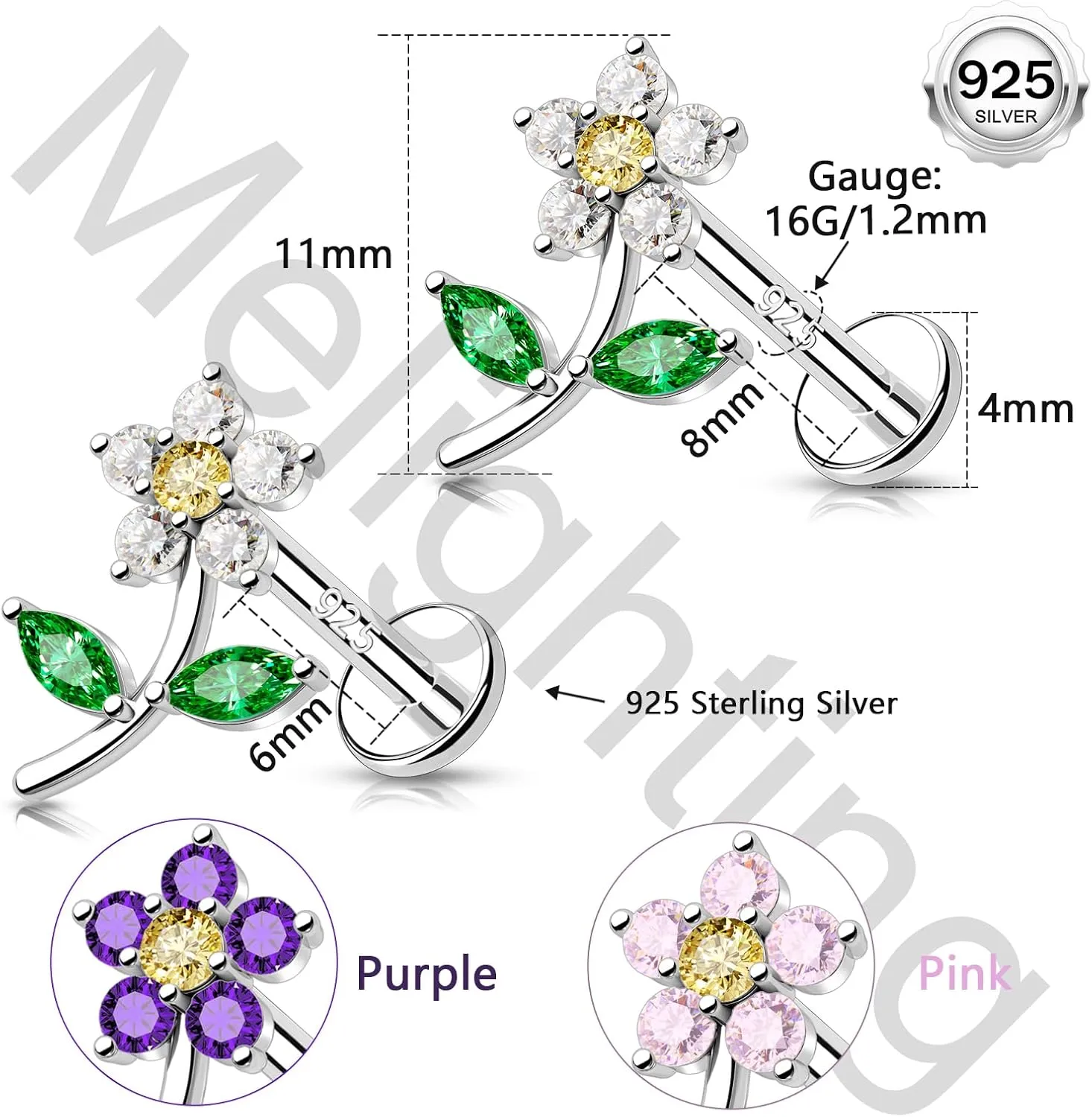 Melighting Sterling Sliver 925 Flower Cartilage Earring Internally Threaded 16G Helix Earring Tragus Piercing Jewelry 6/8 mm Conch Stud Flat Back Earring
