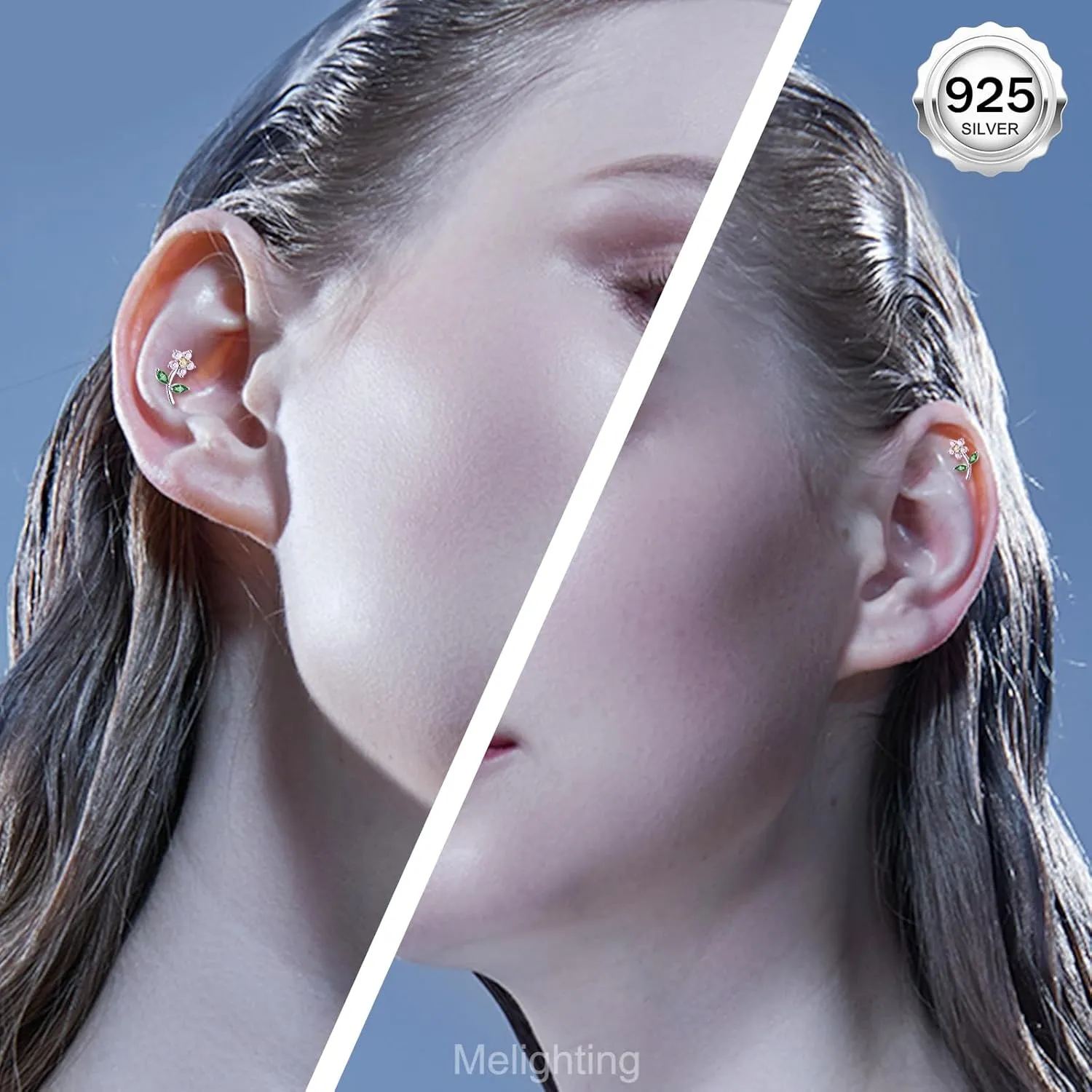Melighting Sterling Sliver 925 Flower Cartilage Earring Internally Threaded 16G Helix Earring Tragus Piercing Jewelry 6/8 mm Conch Stud Flat Back Earring