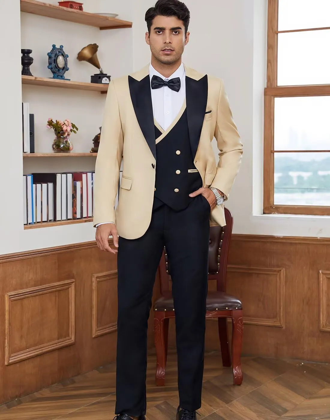 Men 3 Piece Tuxedo Suit Double Breasted Suit for Men Wedding Prom Slim Fit Blazer Vest Pants with Bow Tie