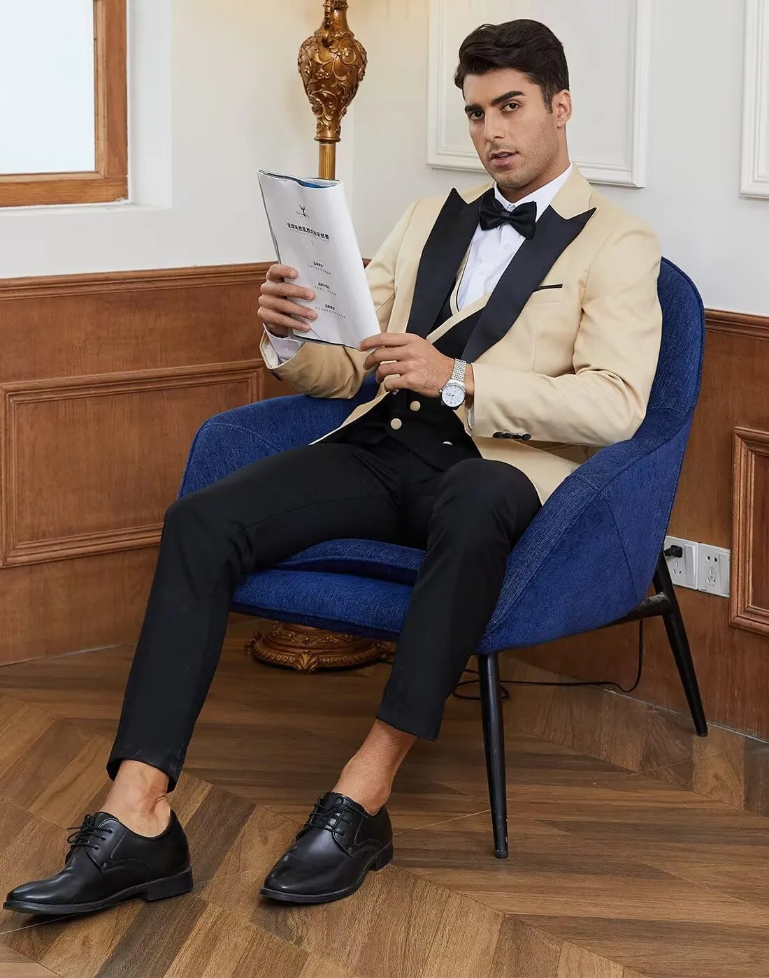 Men 3 Piece Tuxedo Suit Double Breasted Suit for Men Wedding Prom Slim Fit Blazer Vest Pants with Bow Tie