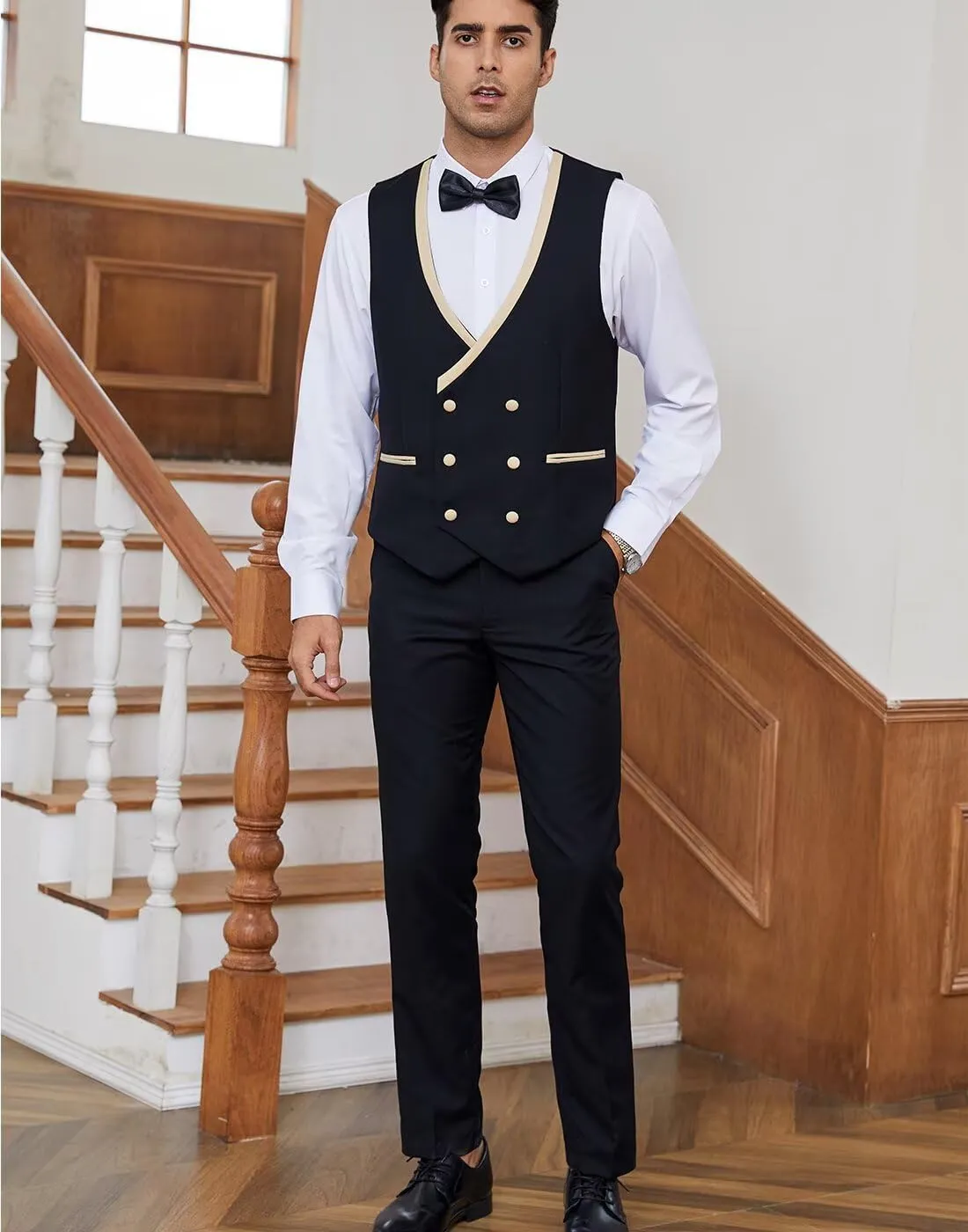 Men 3 Piece Tuxedo Suit Double Breasted Suit for Men Wedding Prom Slim Fit Blazer Vest Pants with Bow Tie