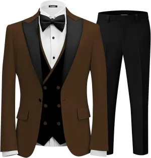 Men 3 Piece Tuxedo Suit Double Breasted Suit for Men Wedding Prom Slim Fit Blazer Vest Pants with Bow Tie
