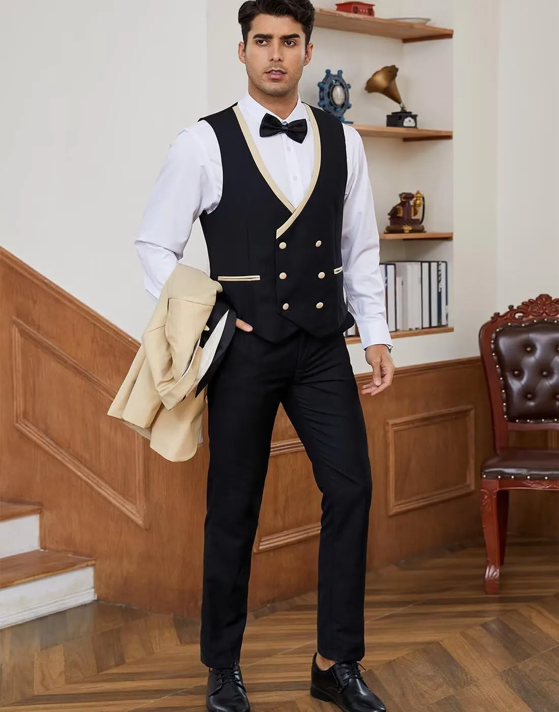Men 3 Piece Tuxedo Suit Double Breasted Suit for Men Wedding Prom Slim Fit Blazer Vest Pants with Bow Tie
