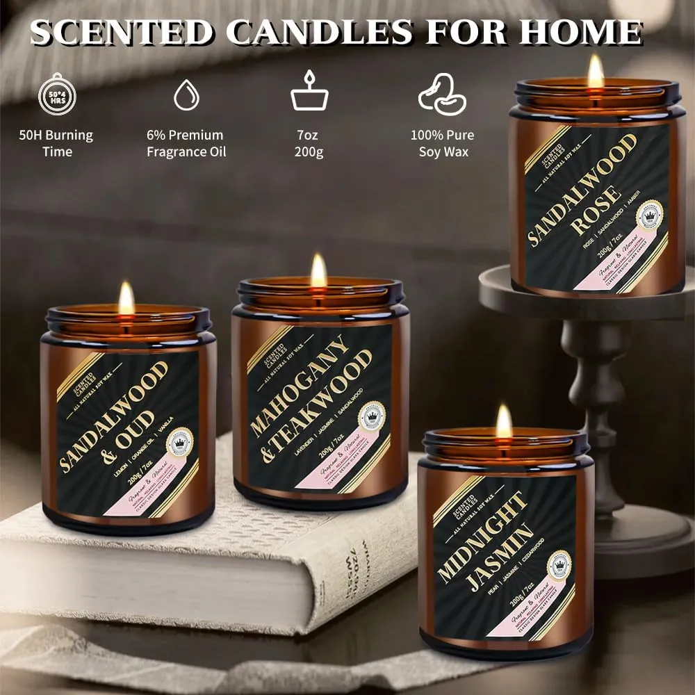 Men Candles Set, 4 Pack Scented Candle Set Gifts for Men - Long Lasting Candles for Home Scented, Gift for Dad, Boyfriend, Birthday, Father’s Day, Anniversary - Jasmin/Oud/Sandalwood/Mahogany