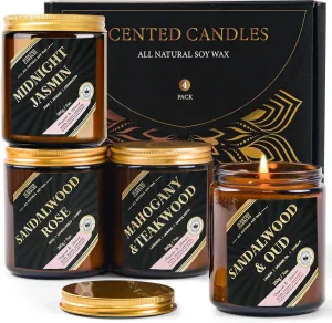 Men Candles Set, 4 Pack Scented Candle Set Gifts for Men - Long Lasting Candles for Home Scented, Gift for Dad, Boyfriend, Birthday, Father’s Day, Anniversary - Jasmin/Oud/Sandalwood/Mahogany
