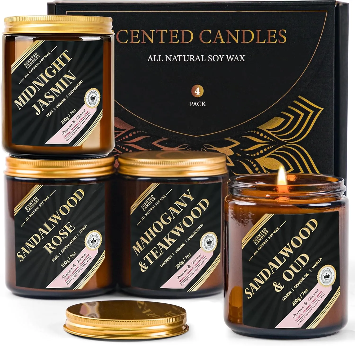 Men Candles Set, 4 Pack Scented Candle Set Gifts for Men - Long Lasting Candles for Home Scented, Gift for Dad, Boyfriend, Birthday, Father’s Day, Anniversary - Jasmin/Oud/Sandalwood/Mahogany