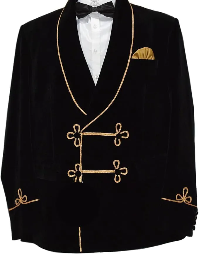Men’s Black Velvet Smoking Jacket – Gold Piping Shawl Lapel – Vintage Formal Blazer