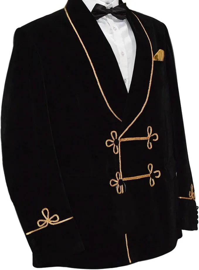 Men’s Black Velvet Smoking Jacket – Gold Piping Shawl Lapel – Vintage Formal Blazer