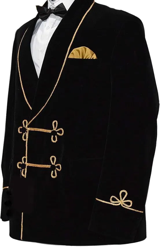Men’s Black Velvet Smoking Jacket – Gold Piping Shawl Lapel – Vintage Formal Blazer