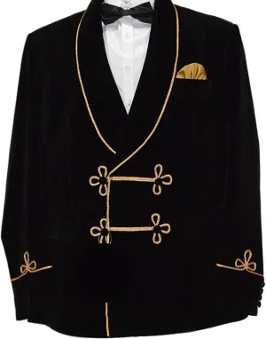 Men’s Black Velvet Smoking Jacket – Gold Piping Shawl Lapel – Vintage Formal Blazer