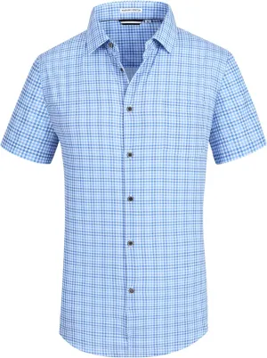 Mens Casual Button Down Shirts Wrinkle Free 4-Way Stretch Dress Shirs Short Sleeve Plaid Summer Shirts for Men