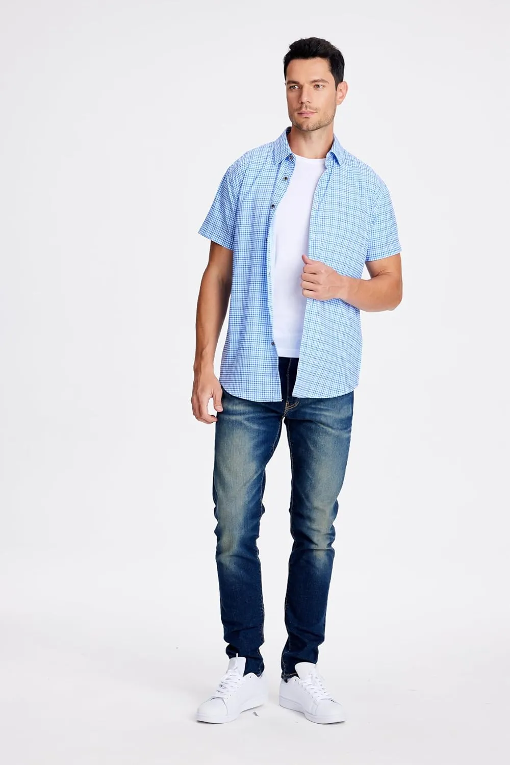 Mens Casual Button Down Shirts Wrinkle Free 4-Way Stretch Dress Shirs Short Sleeve Plaid Summer Shirts for Men