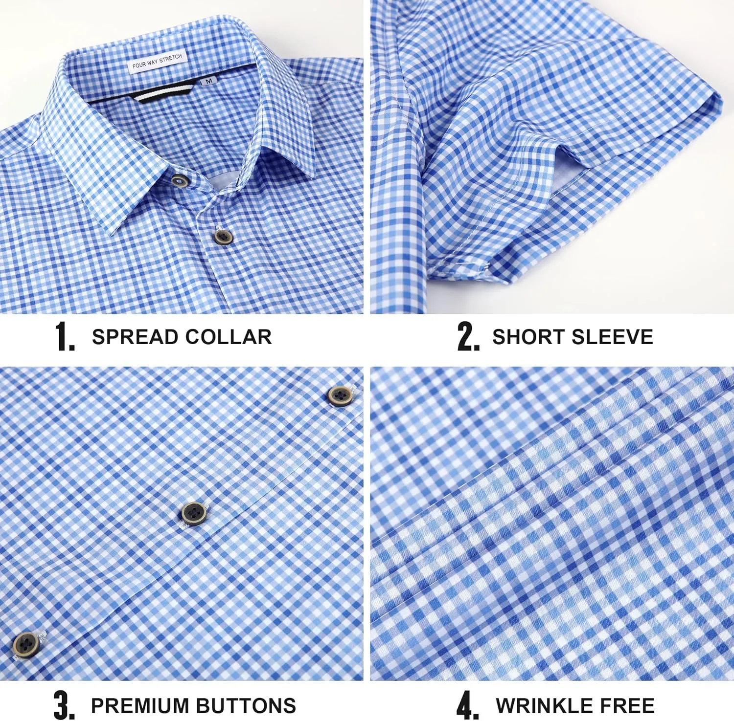 Mens Casual Button Down Shirts Wrinkle Free 4-Way Stretch Dress Shirs Short Sleeve Plaid Summer Shirts for Men