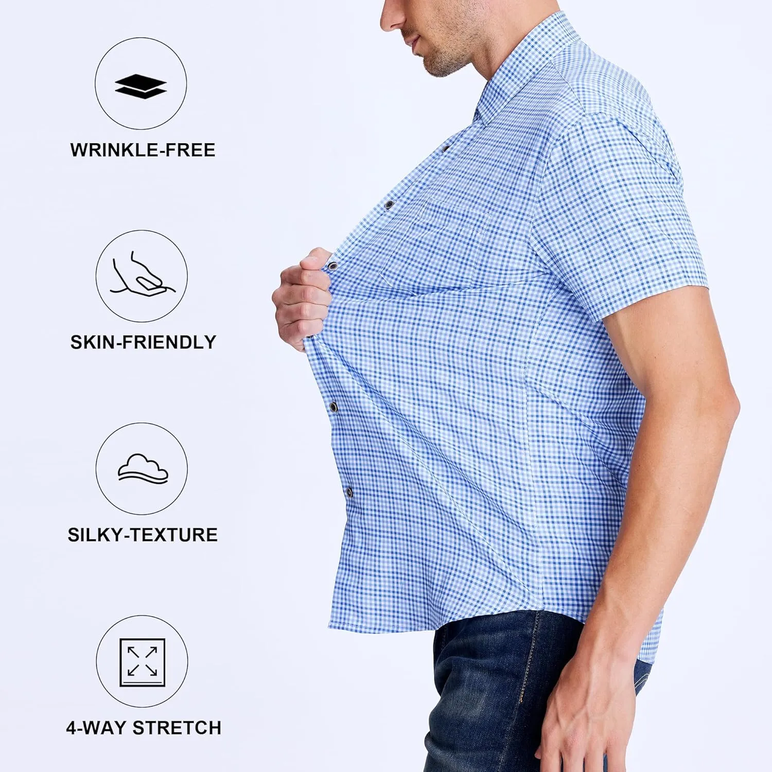 Mens Casual Button Down Shirts Wrinkle Free 4-Way Stretch Dress Shirs Short Sleeve Plaid Summer Shirts for Men