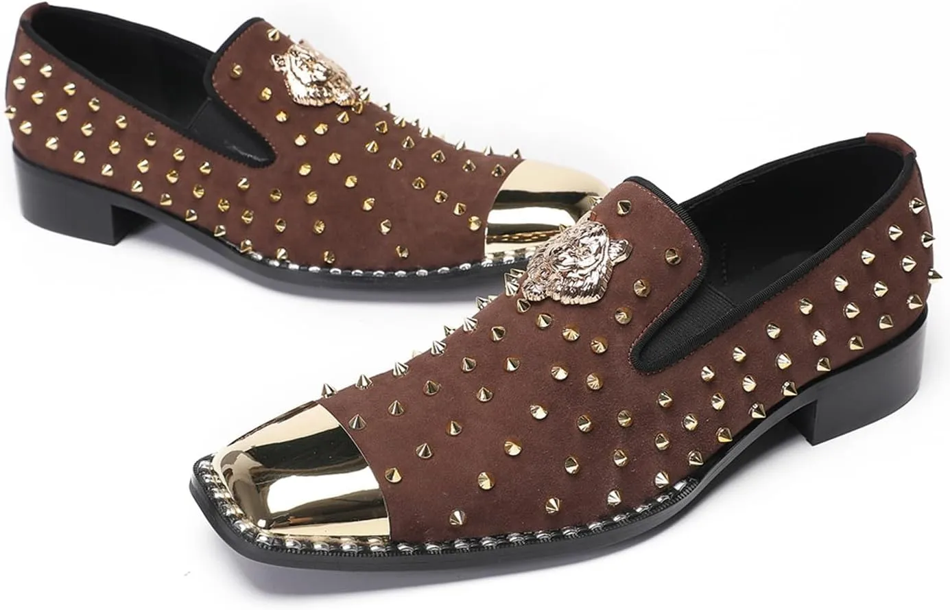 Mens Loafers Wedding Dress Slip On Prom Casual Shoes Metal Square Toe Penny Loafers Suede Tuxedo Shoes for Men Western Disco Ballroom Smoking Mocasines with Gold Glitter Rhinestone