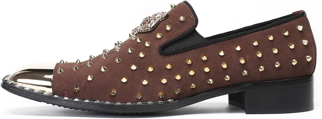 Mens Loafers Wedding Dress Slip On Prom Casual Shoes Metal Square Toe Penny Loafers Suede Tuxedo Shoes for Men Western Disco Ballroom Smoking Mocasines with Gold Glitter Rhinestone