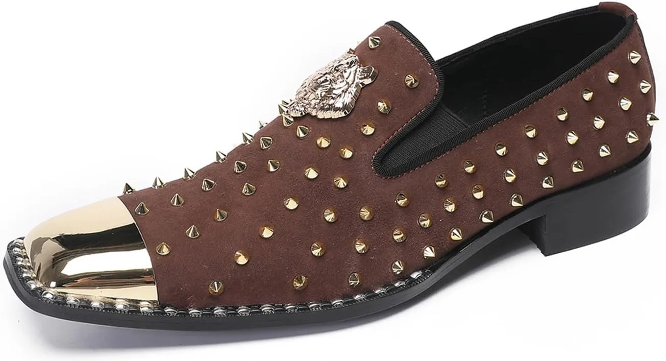 Mens Loafers Wedding Dress Slip On Prom Casual Shoes Metal Square Toe Penny Loafers Suede Tuxedo Shoes for Men Western Disco Ballroom Smoking Mocasines with Gold Glitter Rhinestone
