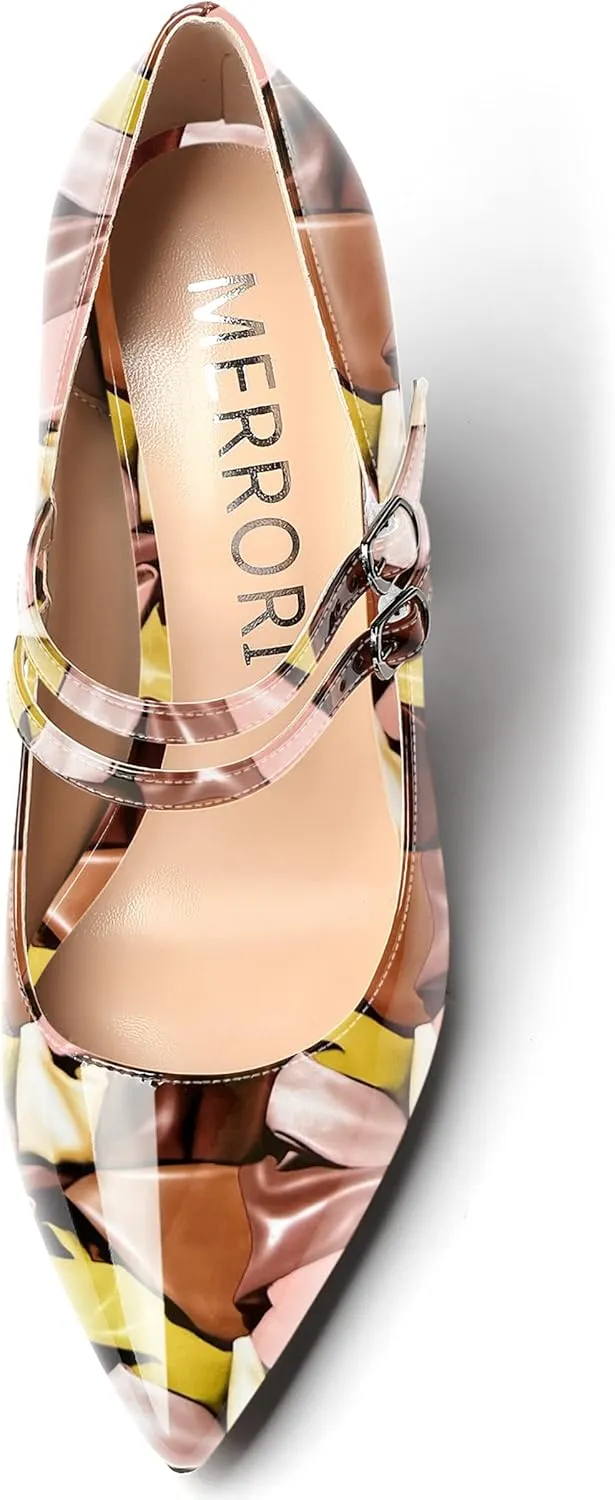 MERRORI Women's Solid Adjustable Strap Dress Dating Buckle Patent Pointed Toe Block High Heel Pumps Shoes 4 Inch