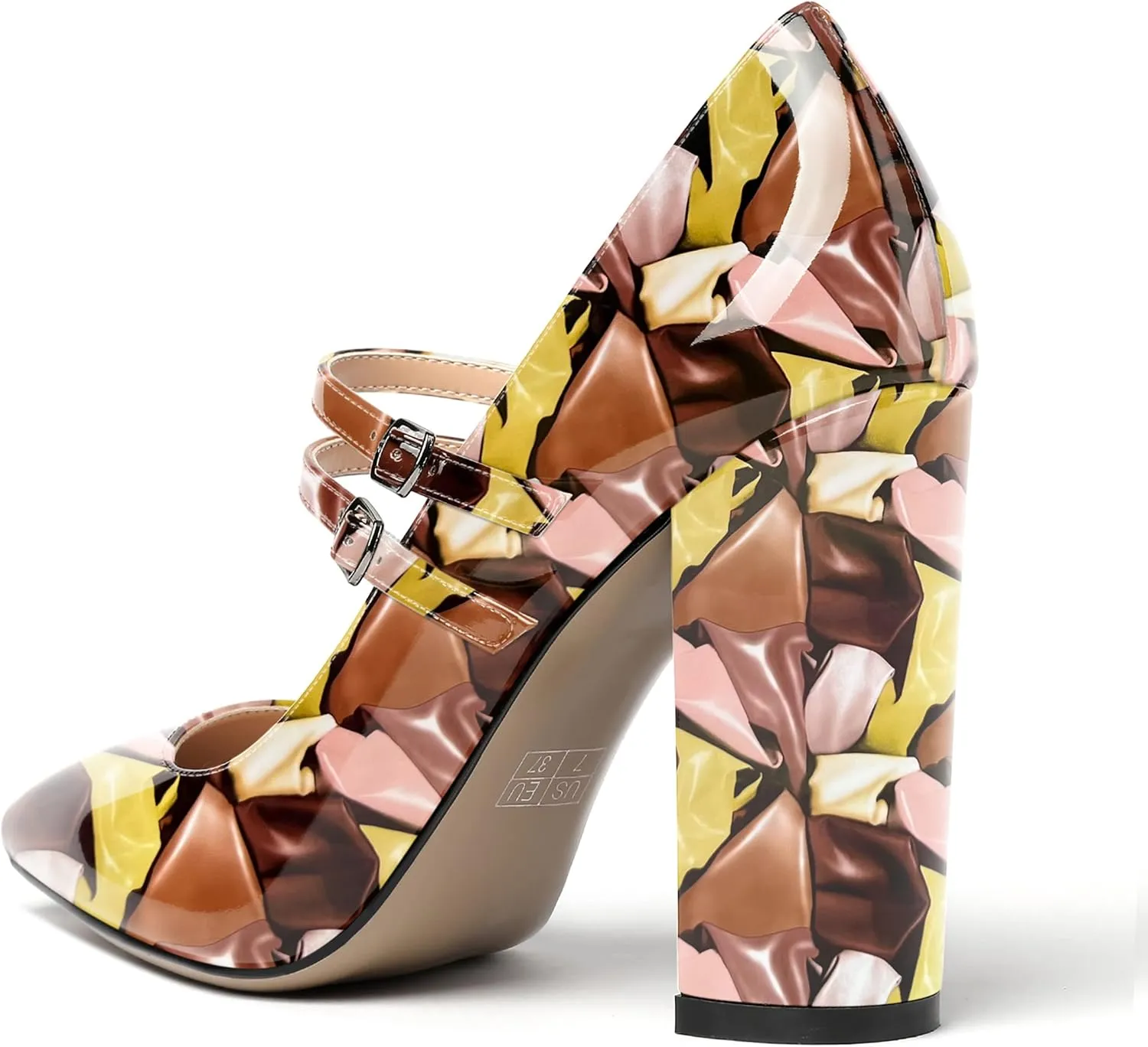 MERRORI Women's Solid Adjustable Strap Dress Dating Buckle Patent Pointed Toe Block High Heel Pumps Shoes 4 Inch