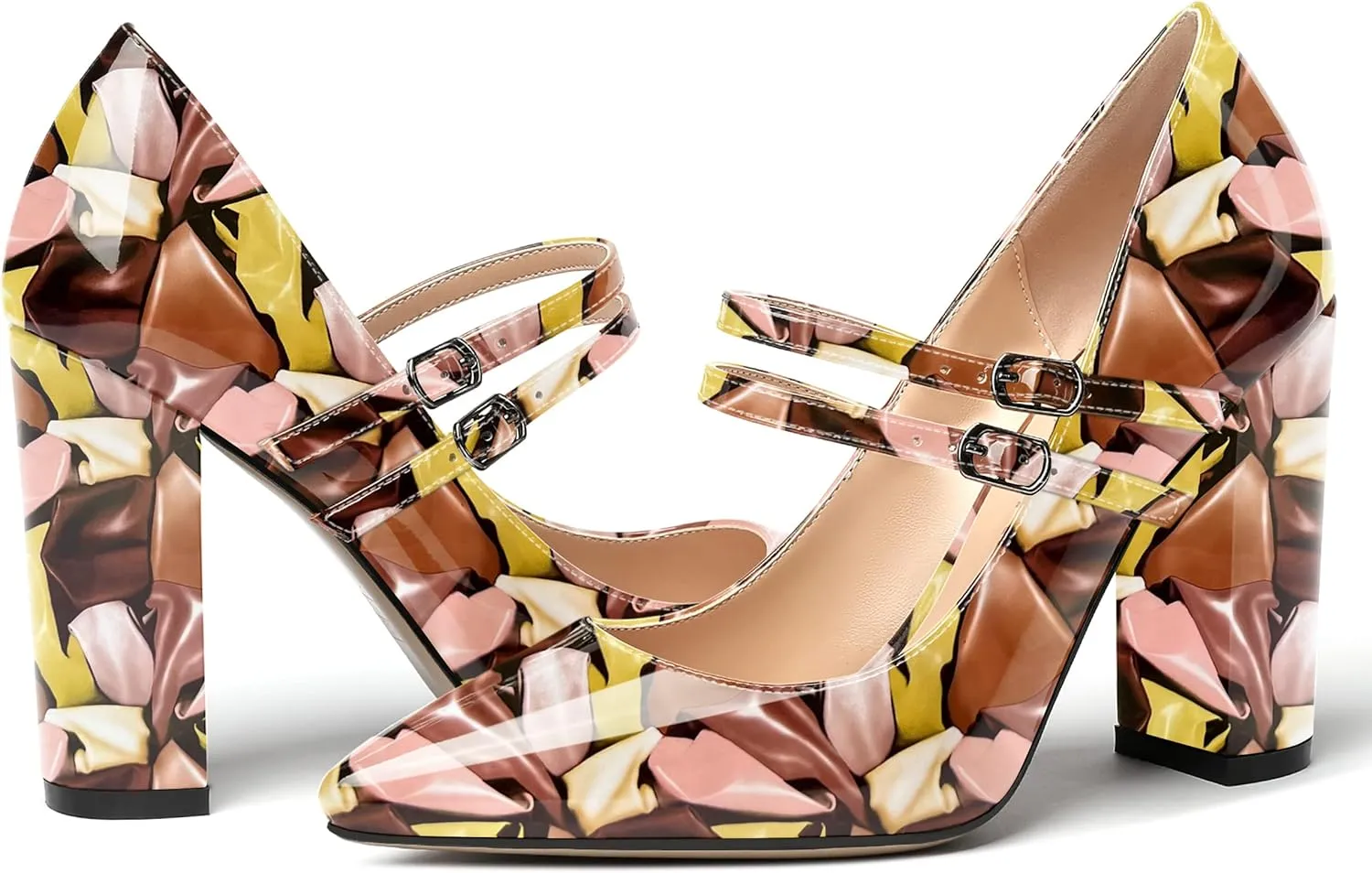 MERRORI Women's Solid Adjustable Strap Dress Dating Buckle Patent Pointed Toe Block High Heel Pumps Shoes 4 Inch
