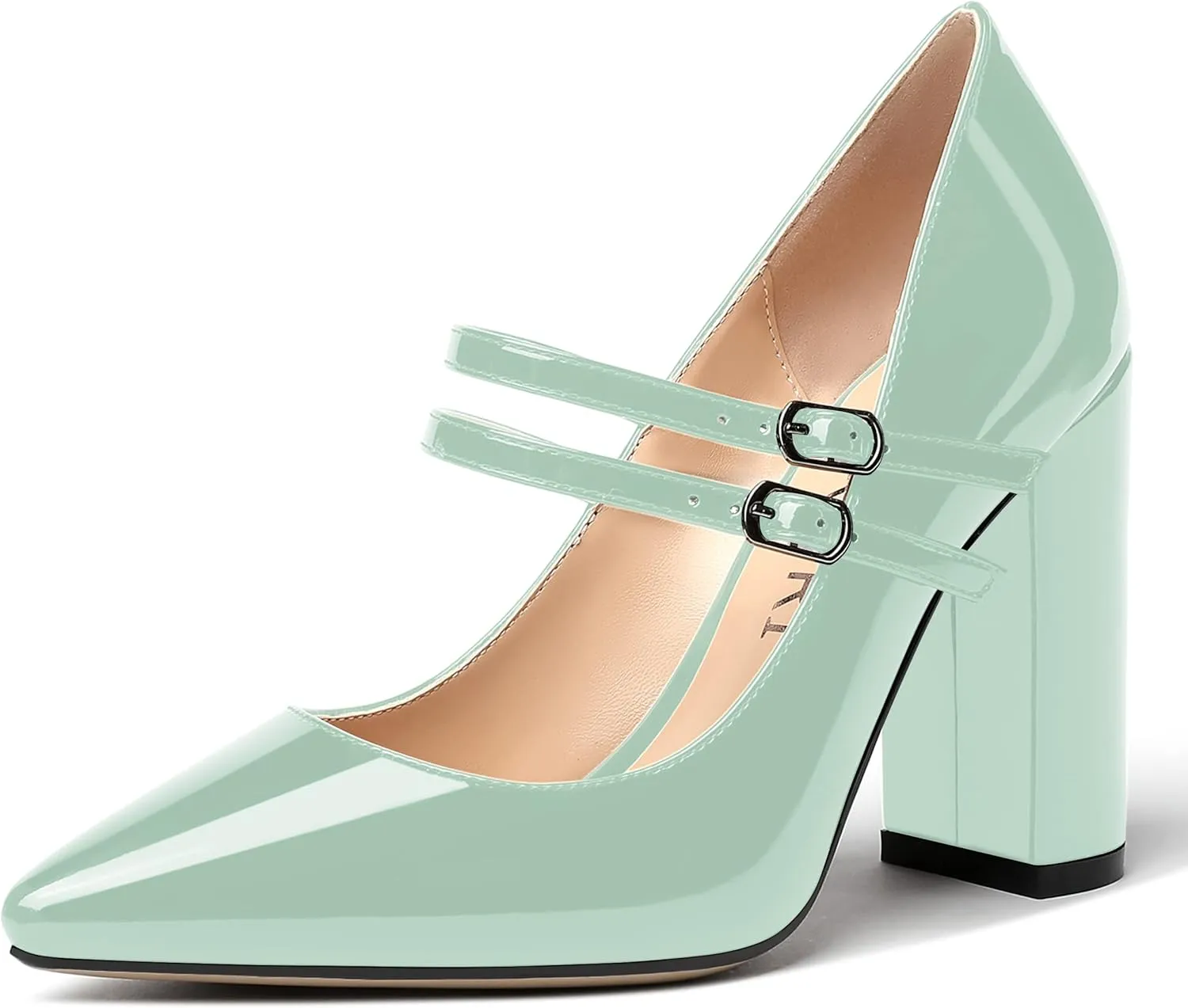 MERRORI Women's Solid Adjustable Strap Dress Dating Buckle Patent Pointed Toe Block High Heel Pumps Shoes 4 Inch