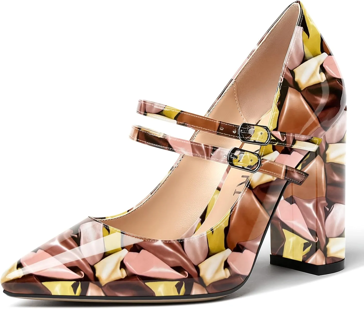 MERRORI Women's Solid Adjustable Strap Dress Dating Buckle Patent Pointed Toe Block High Heel Pumps Shoes 4 Inch