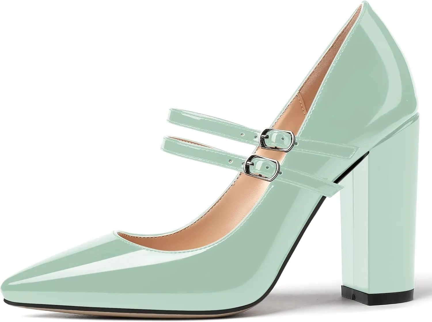 MERRORI Women's Solid Adjustable Strap Dress Dating Buckle Patent Pointed Toe Block High Heel Pumps Shoes 4 Inch