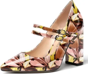 MERRORI Women's Solid Adjustable Strap Dress Dating Buckle Patent Pointed Toe Block High Heel Pumps Shoes 4 Inch