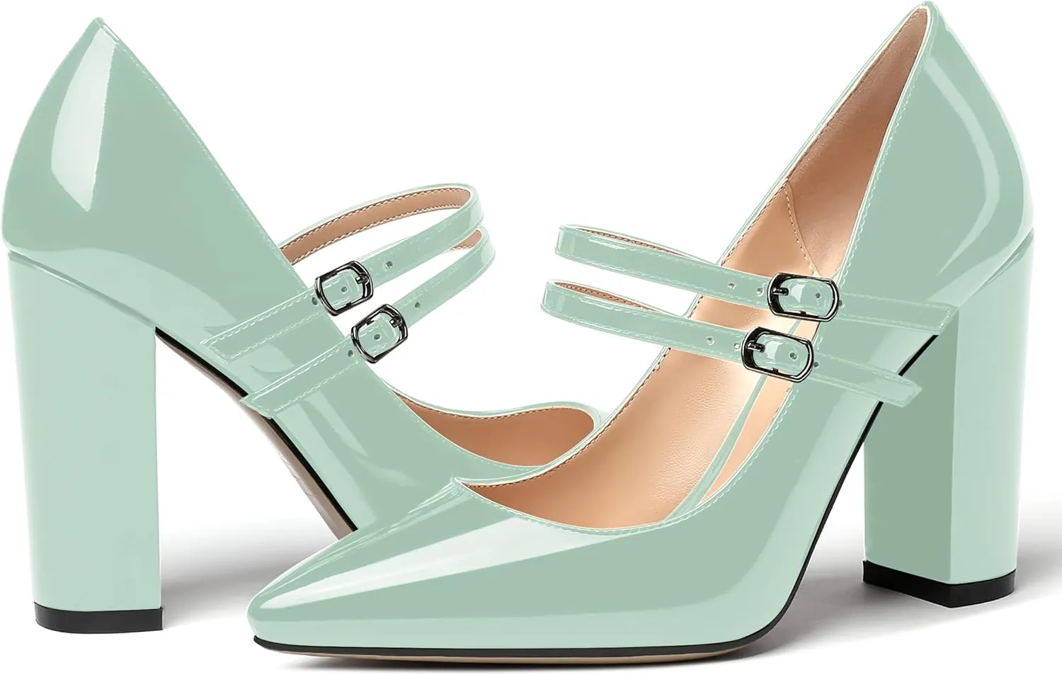 MERRORI Women's Solid Adjustable Strap Dress Dating Buckle Patent Pointed Toe Block High Heel Pumps Shoes 4 Inch