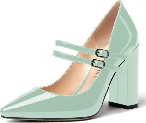 MERRORI Women's Solid Adjustable Strap Dress Dating Buckle Patent Pointed Toe Block High Heel Pumps Shoes 4 Inch
